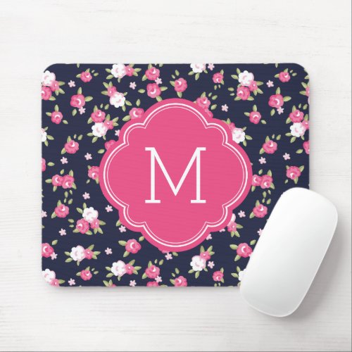 Navy and Pink Chic Vintage Floral Print Monogram Mouse Pad