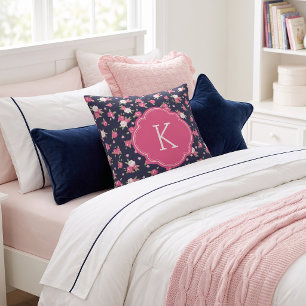 Navy and Pink Chic Vintage Floral Print Monogram Throw Pillow