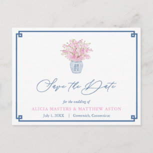 Navy And Pink Chinoiserie Wedding Save The Date Postcard