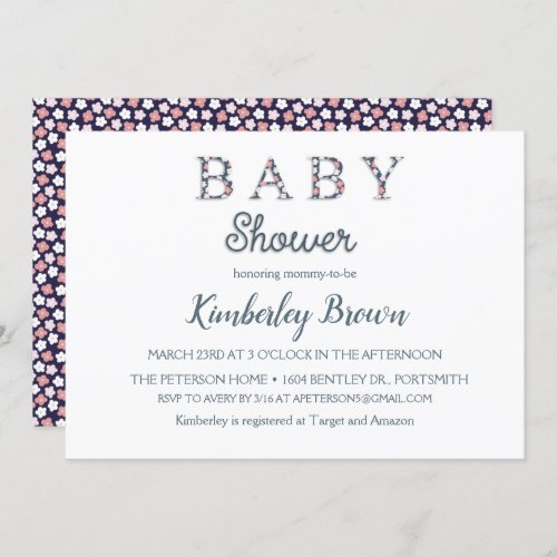Navy and Pink Ditsy Floral Retro Baby Shower Invitation