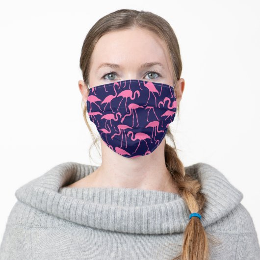 Navy and Pink Flamingo Pattern Adult Cloth Face Mask (Worn)