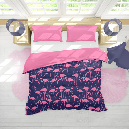 Navy And Pink Flamingo Pattern Duvet Cover