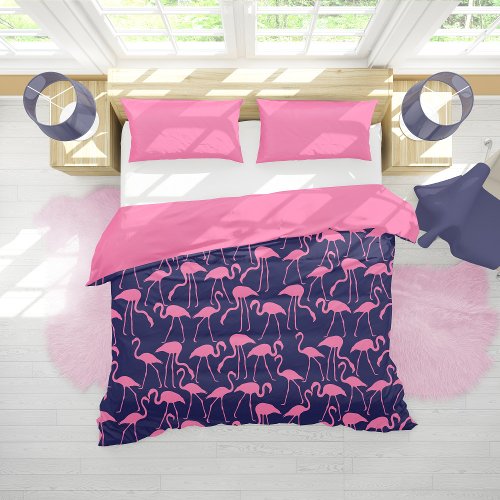 Navy and Pink Flamingo Pattern Duvet Cover