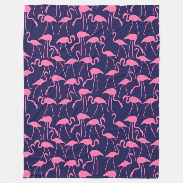 Navy and Pink Flamingo Pattern Fleece Blanket (Front)