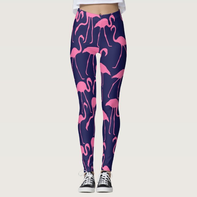Navy and Pink Flamingo Pattern Leggings (Front)