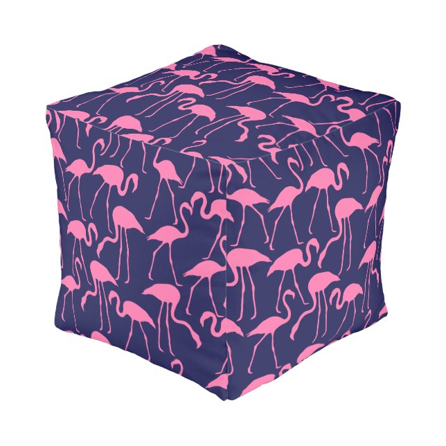 Navy and Pink Flamingo Pattern Pouf (Angled Front)