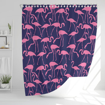 Navy And Pink Flamingo Pattern Shower Curtain by heartlockedhome at Zazzle