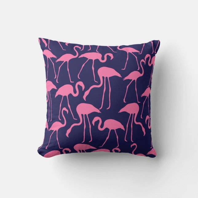 Navy and Pink Flamingo Pattern Throw Pillow (Front)