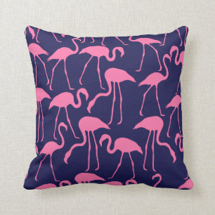 Navy and Pink Flamingo Pattern Throw Pillow