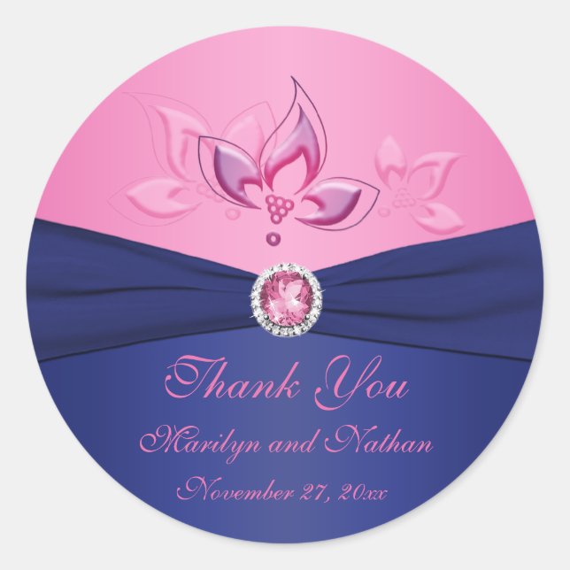 Navy and Pink Floral 3" Round Thank You Sticker (Front)