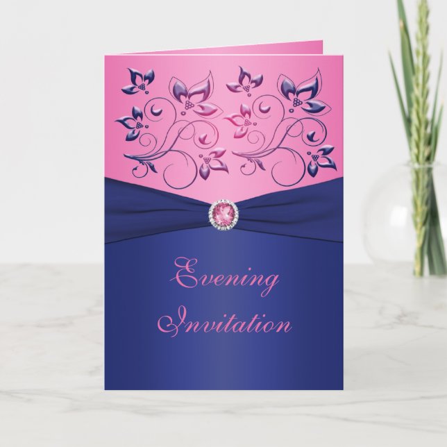 Navy and Pink Floral Card Style Evening Invitation (Front)