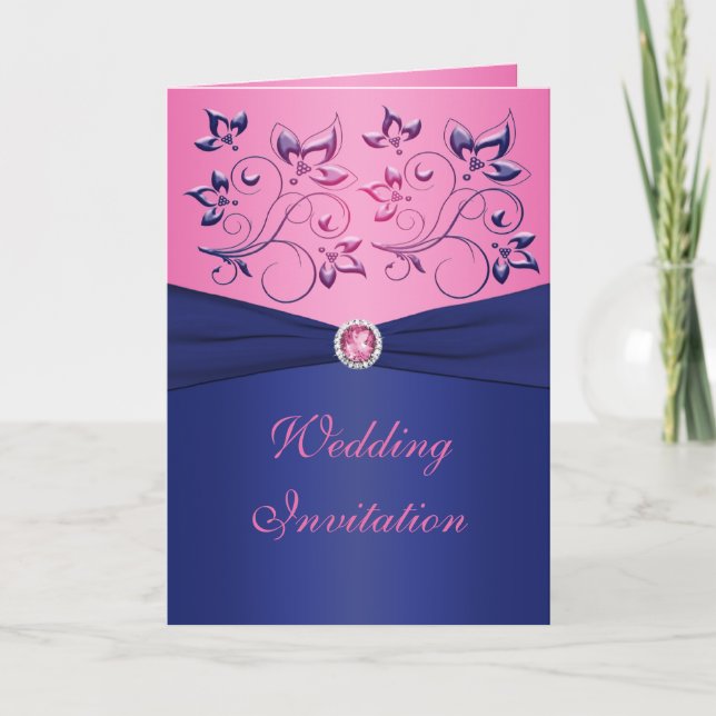 Navy and Pink Floral Card Style Wedding Invitation (Front)
