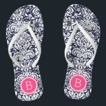 Navy and Pink Floral Damask Monogram Flip Flops<br><div class="desc">Custom printed flip flop sandals with a stylish elegant floral damask pattern and your custom monogram or other text in a circle frame. Click Customize It to change text fonts and colors or add your own images to create a unique one of a kind design!</div>
