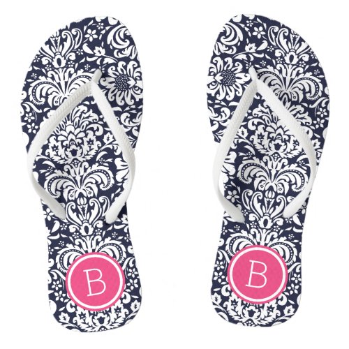 Navy and Pink Floral Damask Monogram Flip Flops