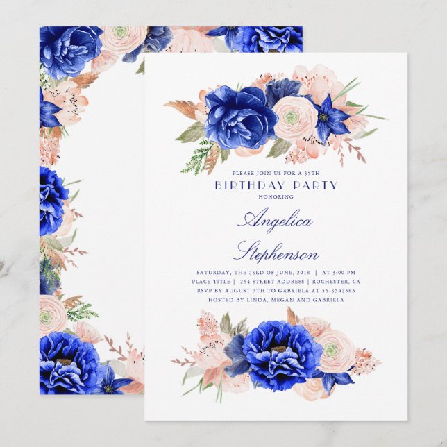 Navy and Pink Floral Elegant Birthday Party Invitation (Front/Back)
