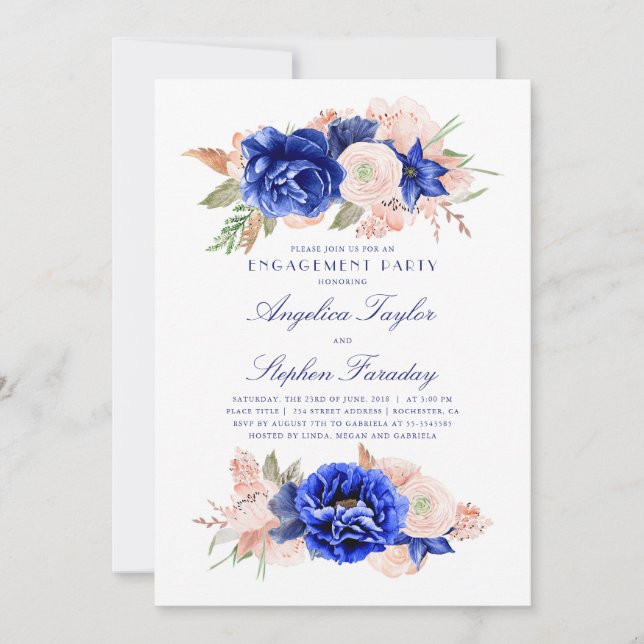 Navy and Pink Floral Elegant Engagement Party Invitation (Front)