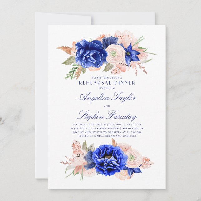 Navy and Pink Floral Elegant Rehearsal Dinner Invitation (Front)