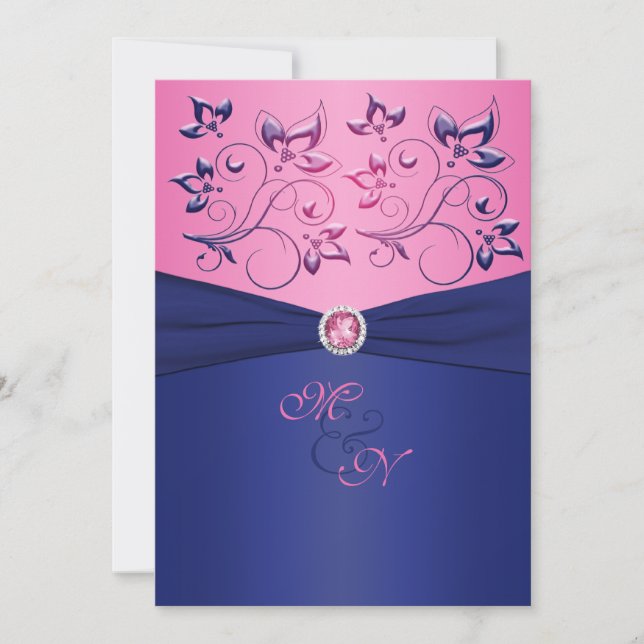 Navy and Pink Floral Monogrammed Invitation (Front)
