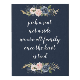 navy and pink floral pick a seat wedding sign