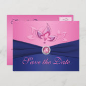 Navy and Pink Floral Save the Date Postcard (Front/Back)