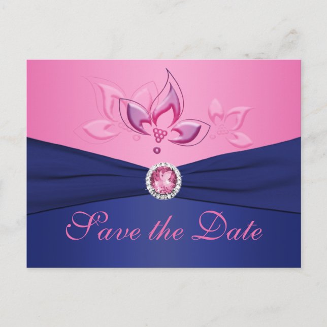 Navy and Pink Floral Save the Date Postcard (Front)