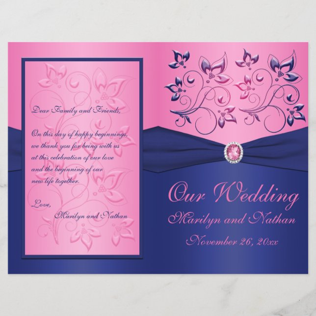 Navy and Pink Floral Wedding Program (Front)