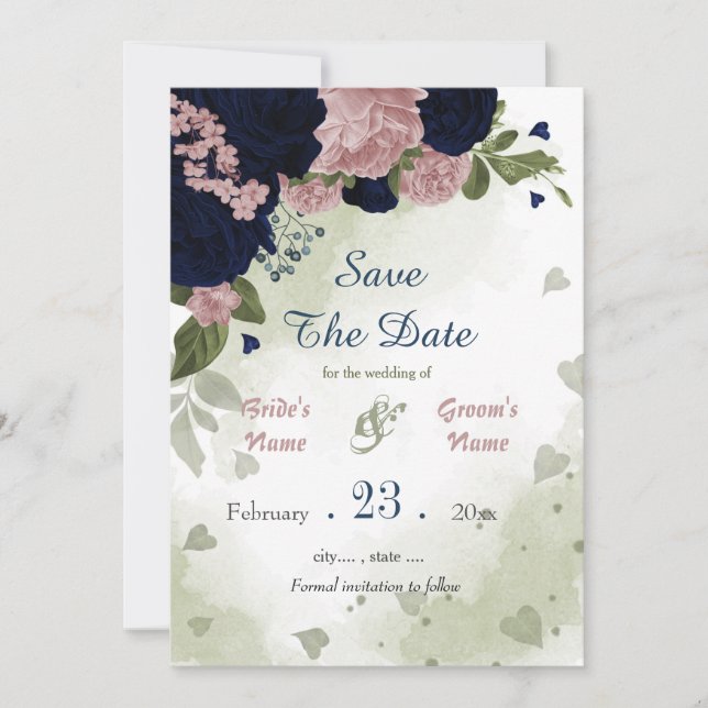 navy and pink flowers green leaves botanical save the date (Front)