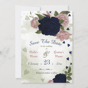 navy and pink flowers green leaves botanical save the date