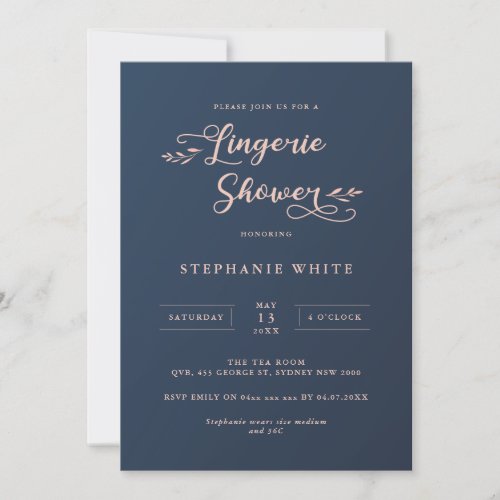 Navy and Pink Foliage Lingerie Shower Invitation