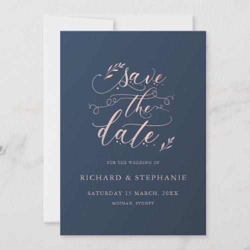 Navy and Pink foliage Save the Date Invitation
