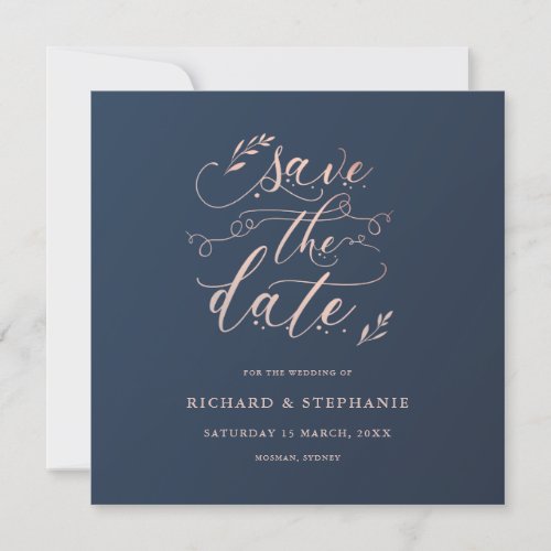 Navy and Pink foliage square Save the Date Invitation