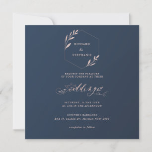 Navy and Pink Foliage Square Wedding Invitation