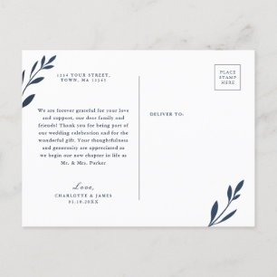 Navy and Pink Foliage Thank You postcard