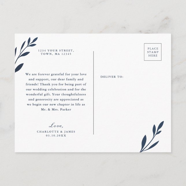 Navy and Pink Foliage Thank You postcard (Back)