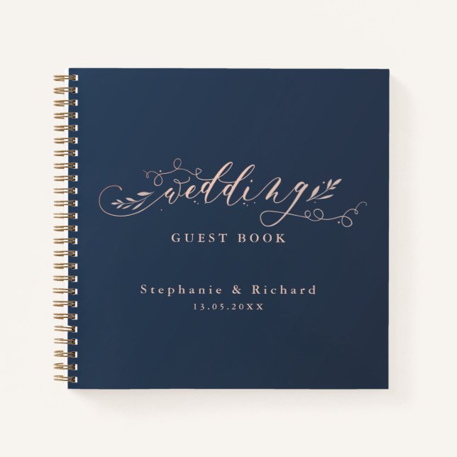 Navy and Pink Foliage Wedding Guestbook Notebook (Front)