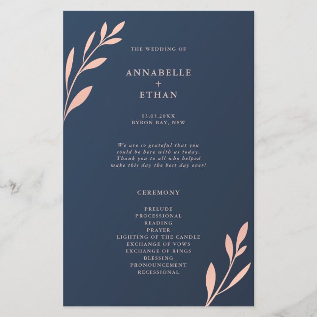 Navy and Pink Geometric Foliage Ceremony Program (Front)