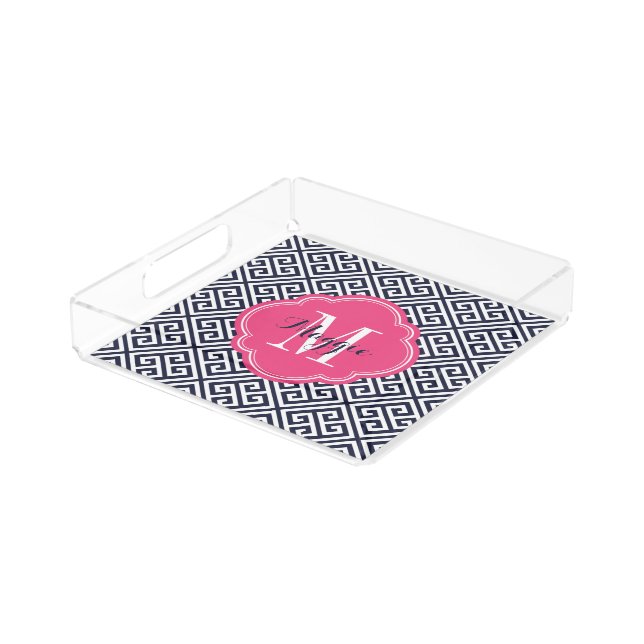 Navy and Pink Greek Key Monogram Acrylic Tray (Angled)
