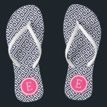 Navy and Pink Greek Key Monogram Flip Flops<br><div class="desc">Custom printed flip flop sandals with a stylish modern Greek key pattern and your custom monogram or other text in a circle frame. Click Customize It to change text fonts and colors or add your own images to create a unique one of a kind design!</div>