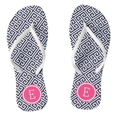 Navy and Pink Greek Key Monogram Flip Flops