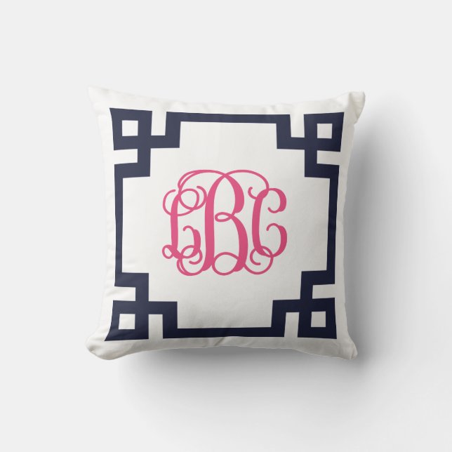 Navy and Pink Greek Key Script Monogram LBC Throw Pillow (Front)