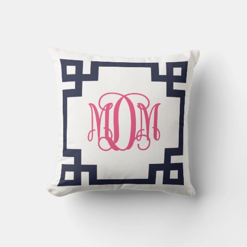 Navy and Pink Greek Key Script Monogram MDM Throw Pillow