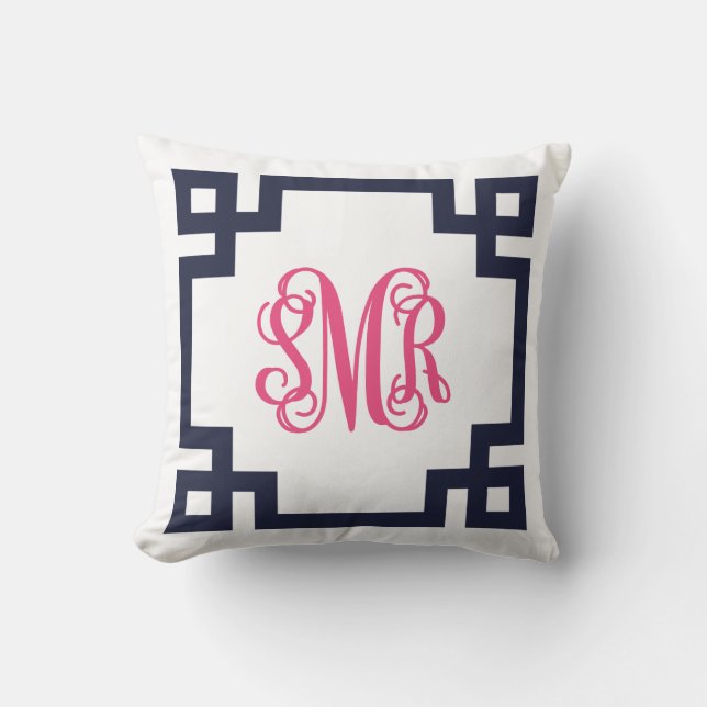 Navy and Pink Greek Key Script Monogram - SMR Throw Pillow (Front)