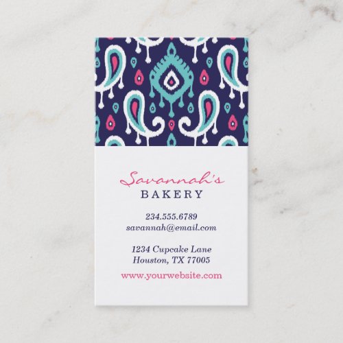 Navy and Pink Ikat Paisley Business Cards