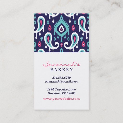 Customizable Navy and Pink Ikat Paisley Business Cards