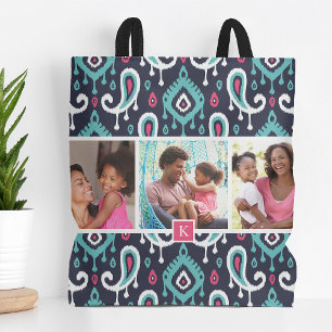 Navy and Pink Ikat Paisley Family Photo Monogram Tote Bag