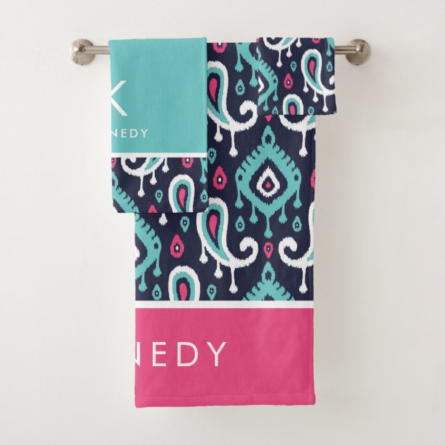 Navy and Pink Ikat Paisley Monogram Bath Towel Set (Insitu)