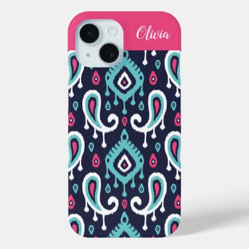 Navy and Pink Ikat Paisley Monogram iPhone 15 Case