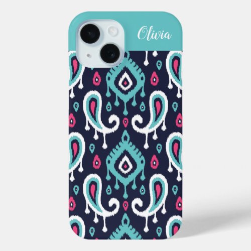 Navy and Pink Ikat Paisley Monogram iPhone 15 Case