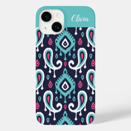 Navy and Pink Ikat Paisley Monogram Case_Mate iPhone 14 Case