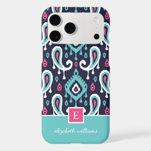Navy and Pink Ikat Paisley Monogram iPhone 17 Pro Max Case